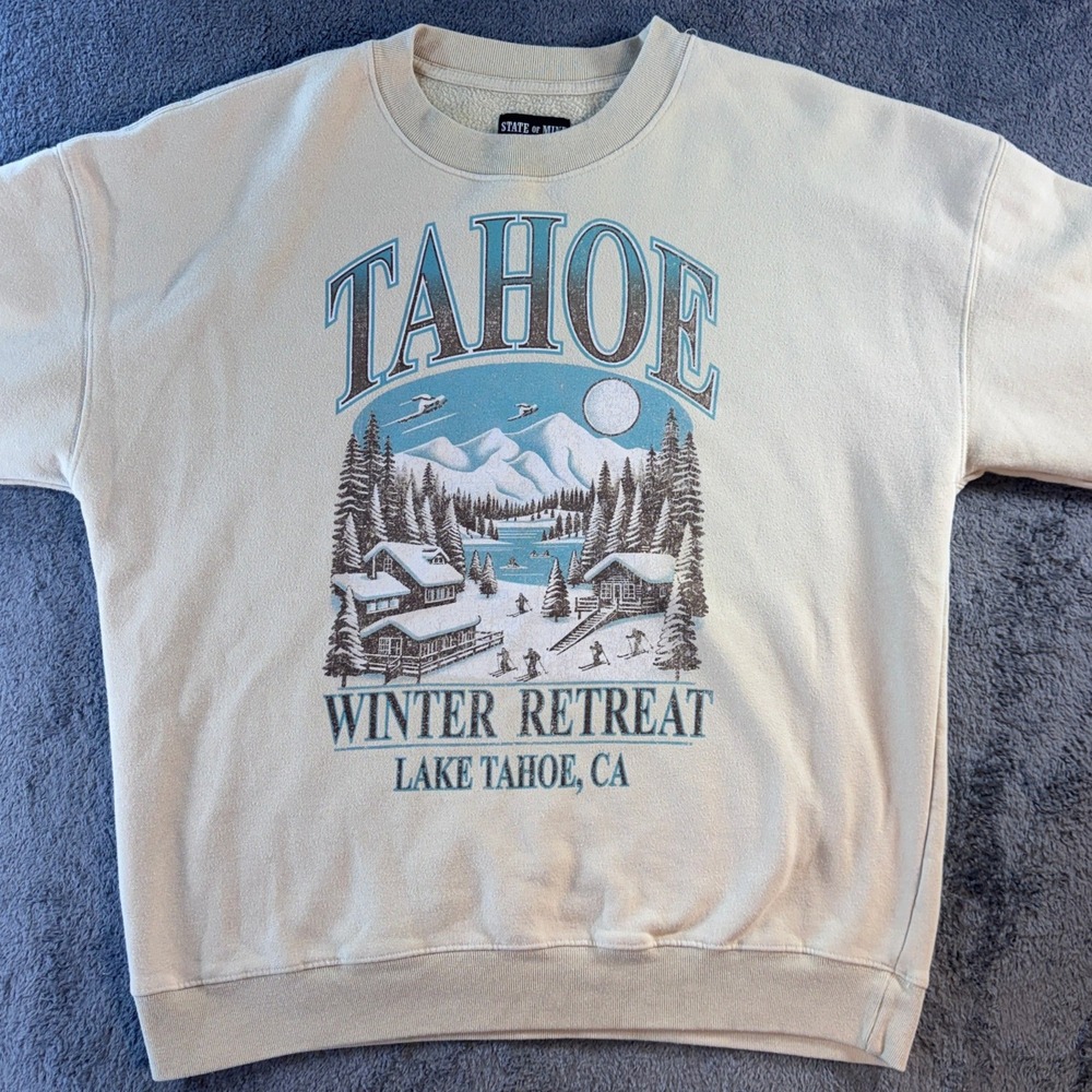 Oversized State of Mine Tahoe Winter Graphic Sweatshirt Oatmeal Mens Large Crew